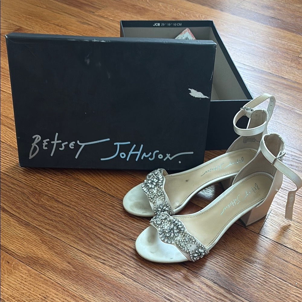 Betsey Johnson White Satin Heels with Crystal Accents